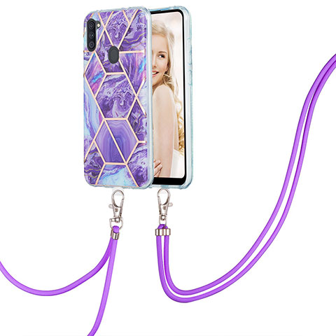 Handyhülle Silikon Hülle Gummi Schutzhülle Flexible Modisch Muster mit Schlüsselband Lanyard Y01B für Samsung Galaxy A11 Violett