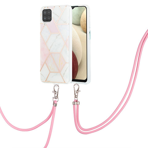 Handyhülle Silikon Hülle Gummi Schutzhülle Flexible Modisch Muster mit Schlüsselband Lanyard Y01B für Samsung Galaxy A12 5G Rosa