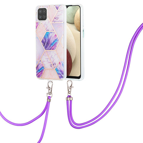 Handyhülle Silikon Hülle Gummi Schutzhülle Flexible Modisch Muster mit Schlüsselband Lanyard Y01B für Samsung Galaxy A12 Helles Lila