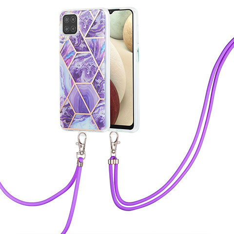 Handyhülle Silikon Hülle Gummi Schutzhülle Flexible Modisch Muster mit Schlüsselband Lanyard Y01B für Samsung Galaxy A12 Violett