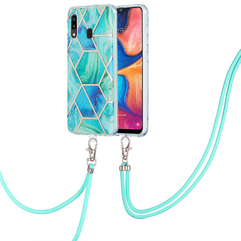 Handyhülle Silikon Hülle Gummi Schutzhülle Flexible Modisch Muster mit Schlüsselband Lanyard Y01B für Samsung Galaxy A20 Grün