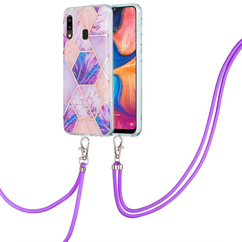 Handyhülle Silikon Hülle Gummi Schutzhülle Flexible Modisch Muster mit Schlüsselband Lanyard Y01B für Samsung Galaxy A20 Helles Lila