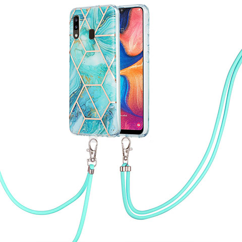 Handyhülle Silikon Hülle Gummi Schutzhülle Flexible Modisch Muster mit Schlüsselband Lanyard Y01B für Samsung Galaxy A20 Minzgrün