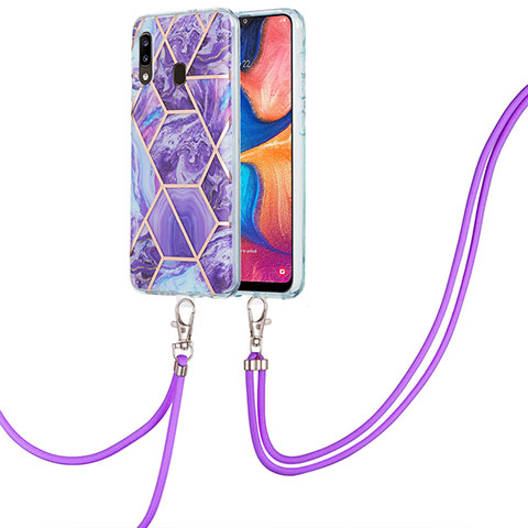 Handyhülle Silikon Hülle Gummi Schutzhülle Flexible Modisch Muster mit Schlüsselband Lanyard Y01B für Samsung Galaxy A20 Violett