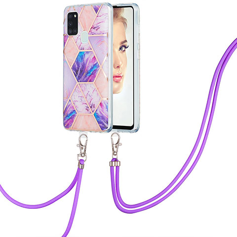 Handyhülle Silikon Hülle Gummi Schutzhülle Flexible Modisch Muster mit Schlüsselband Lanyard Y01B für Samsung Galaxy A21s Helles Lila