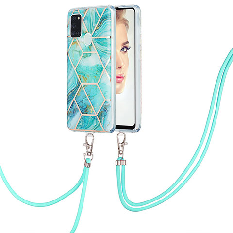 Handyhülle Silikon Hülle Gummi Schutzhülle Flexible Modisch Muster mit Schlüsselband Lanyard Y01B für Samsung Galaxy A21s Minzgrün