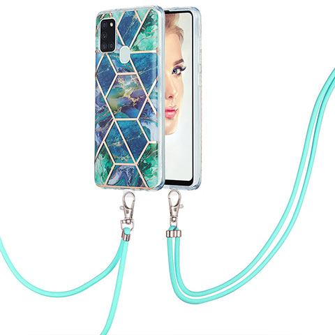 Handyhülle Silikon Hülle Gummi Schutzhülle Flexible Modisch Muster mit Schlüsselband Lanyard Y01B für Samsung Galaxy A21s Nachtgrün