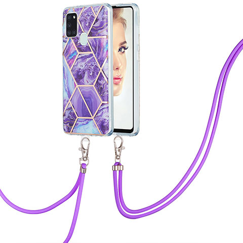 Handyhülle Silikon Hülle Gummi Schutzhülle Flexible Modisch Muster mit Schlüsselband Lanyard Y01B für Samsung Galaxy A21s Violett