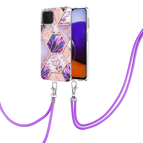 Handyhülle Silikon Hülle Gummi Schutzhülle Flexible Modisch Muster mit Schlüsselband Lanyard Y01B für Samsung Galaxy A22 4G Helles Lila