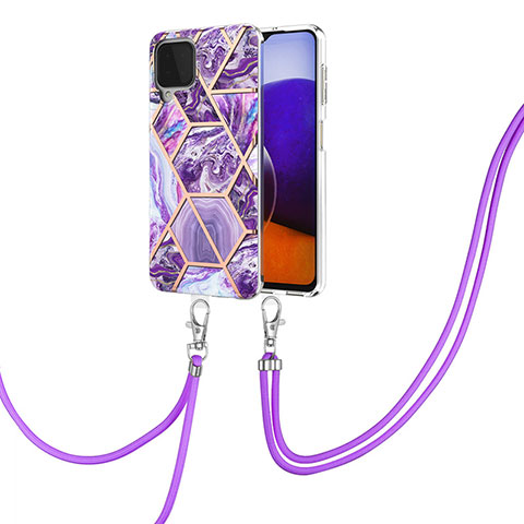 Handyhülle Silikon Hülle Gummi Schutzhülle Flexible Modisch Muster mit Schlüsselband Lanyard Y01B für Samsung Galaxy A22 4G Violett