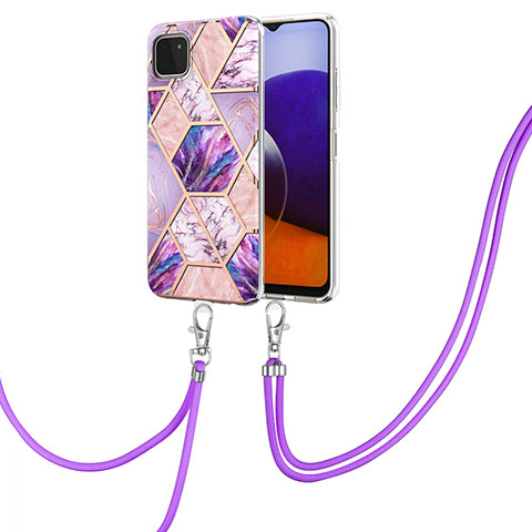 Handyhülle Silikon Hülle Gummi Schutzhülle Flexible Modisch Muster mit Schlüsselband Lanyard Y01B für Samsung Galaxy A22 5G Helles Lila