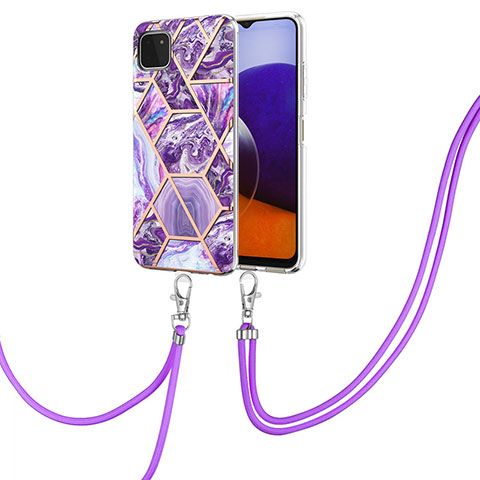 Handyhülle Silikon Hülle Gummi Schutzhülle Flexible Modisch Muster mit Schlüsselband Lanyard Y01B für Samsung Galaxy A22 5G Violett