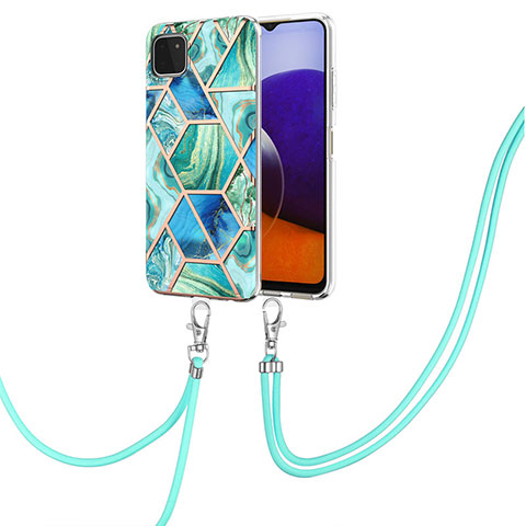 Handyhülle Silikon Hülle Gummi Schutzhülle Flexible Modisch Muster mit Schlüsselband Lanyard Y01B für Samsung Galaxy A22s 5G Minzgrün