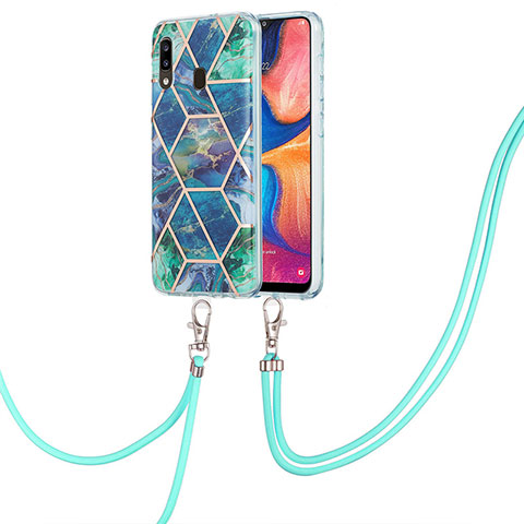 Handyhülle Silikon Hülle Gummi Schutzhülle Flexible Modisch Muster mit Schlüsselband Lanyard Y01B für Samsung Galaxy A30 Nachtgrün