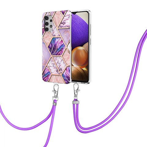 Handyhülle Silikon Hülle Gummi Schutzhülle Flexible Modisch Muster mit Schlüsselband Lanyard Y01B für Samsung Galaxy A32 4G Helles Lila