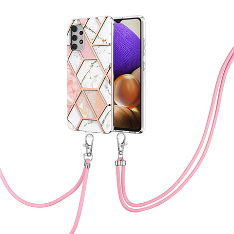 Handyhülle Silikon Hülle Gummi Schutzhülle Flexible Modisch Muster mit Schlüsselband Lanyard Y01B für Samsung Galaxy A32 4G Rosa