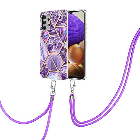 Handyhülle Silikon Hülle Gummi Schutzhülle Flexible Modisch Muster mit Schlüsselband Lanyard Y01B für Samsung Galaxy A32 4G Violett