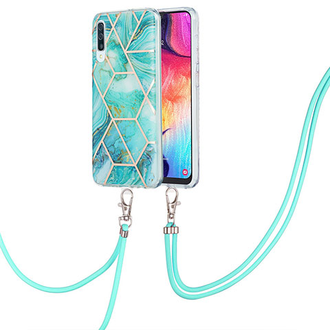 Handyhülle Silikon Hülle Gummi Schutzhülle Flexible Modisch Muster mit Schlüsselband Lanyard Y01B für Samsung Galaxy A50 Minzgrün