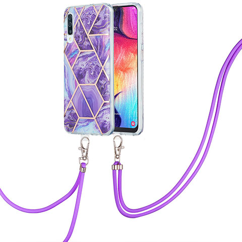 Handyhülle Silikon Hülle Gummi Schutzhülle Flexible Modisch Muster mit Schlüsselband Lanyard Y01B für Samsung Galaxy A50 Violett