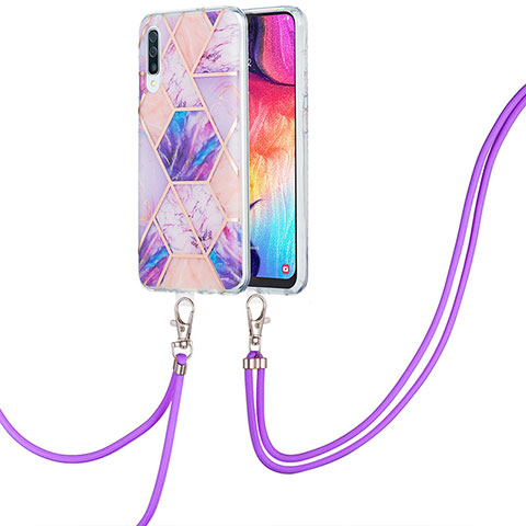 Handyhülle Silikon Hülle Gummi Schutzhülle Flexible Modisch Muster mit Schlüsselband Lanyard Y01B für Samsung Galaxy A50S Helles Lila