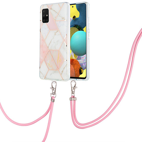 Handyhülle Silikon Hülle Gummi Schutzhülle Flexible Modisch Muster mit Schlüsselband Lanyard Y01B für Samsung Galaxy A51 4G Rosa