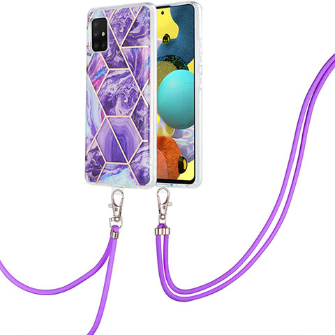 Handyhülle Silikon Hülle Gummi Schutzhülle Flexible Modisch Muster mit Schlüsselband Lanyard Y01B für Samsung Galaxy A51 4G Violett