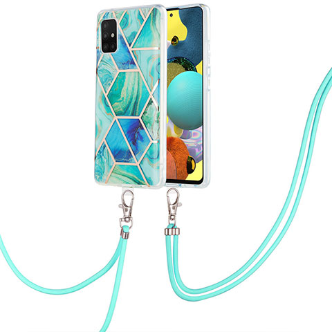 Handyhülle Silikon Hülle Gummi Schutzhülle Flexible Modisch Muster mit Schlüsselband Lanyard Y01B für Samsung Galaxy A51 5G Grün