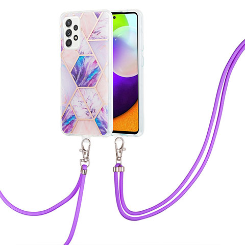 Handyhülle Silikon Hülle Gummi Schutzhülle Flexible Modisch Muster mit Schlüsselband Lanyard Y01B für Samsung Galaxy A52 4G Helles Lila