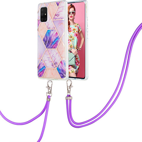 Handyhülle Silikon Hülle Gummi Schutzhülle Flexible Modisch Muster mit Schlüsselband Lanyard Y01B für Samsung Galaxy A71 4G A715 Helles Lila