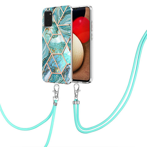 Handyhülle Silikon Hülle Gummi Schutzhülle Flexible Modisch Muster mit Schlüsselband Lanyard Y01B für Samsung Galaxy F02S SM-E025F Minzgrün