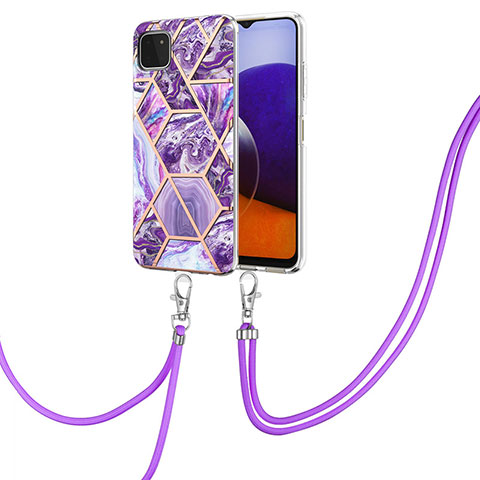 Handyhülle Silikon Hülle Gummi Schutzhülle Flexible Modisch Muster mit Schlüsselband Lanyard Y01B für Samsung Galaxy F42 5G Violett