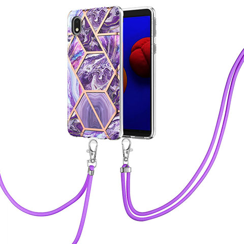 Handyhülle Silikon Hülle Gummi Schutzhülle Flexible Modisch Muster mit Schlüsselband Lanyard Y01B für Samsung Galaxy M01 Core Violett