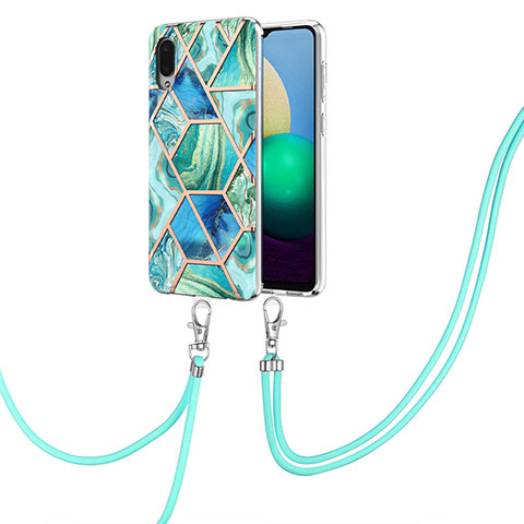 Handyhülle Silikon Hülle Gummi Schutzhülle Flexible Modisch Muster mit Schlüsselband Lanyard Y01B für Samsung Galaxy M02 Grün