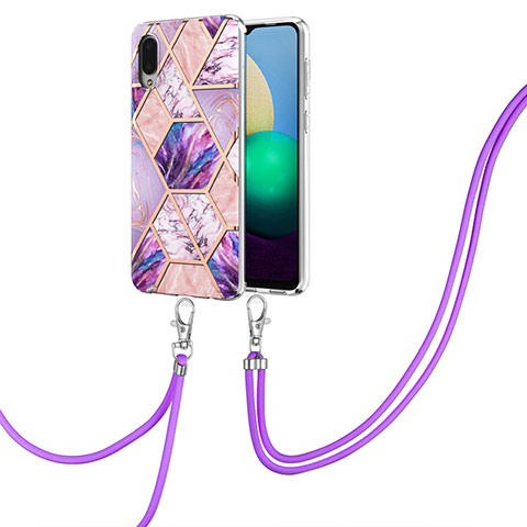 Handyhülle Silikon Hülle Gummi Schutzhülle Flexible Modisch Muster mit Schlüsselband Lanyard Y01B für Samsung Galaxy M02 Helles Lila