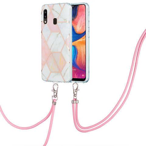 Handyhülle Silikon Hülle Gummi Schutzhülle Flexible Modisch Muster mit Schlüsselband Lanyard Y01B für Samsung Galaxy M10S Rosa