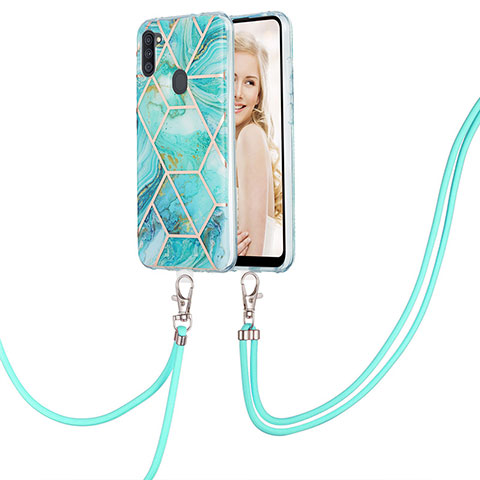 Handyhülle Silikon Hülle Gummi Schutzhülle Flexible Modisch Muster mit Schlüsselband Lanyard Y01B für Samsung Galaxy M11 Minzgrün