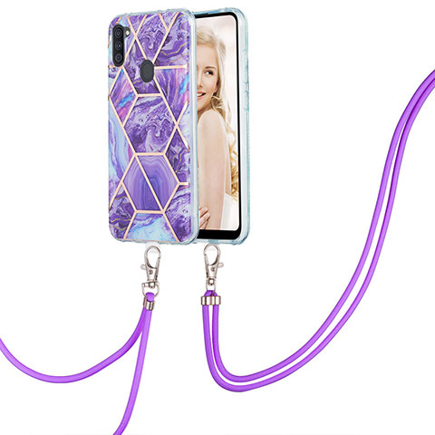 Handyhülle Silikon Hülle Gummi Schutzhülle Flexible Modisch Muster mit Schlüsselband Lanyard Y01B für Samsung Galaxy M11 Violett