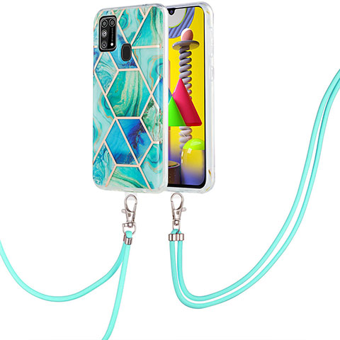 Handyhülle Silikon Hülle Gummi Schutzhülle Flexible Modisch Muster mit Schlüsselband Lanyard Y01B für Samsung Galaxy M21s Grün