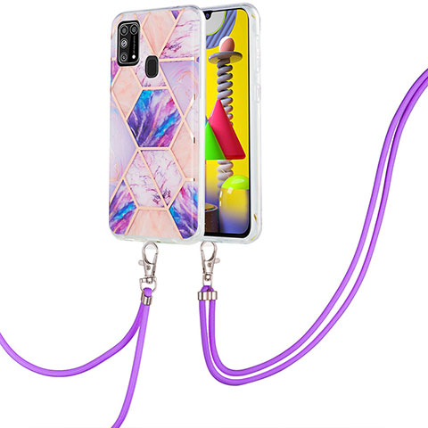 Handyhülle Silikon Hülle Gummi Schutzhülle Flexible Modisch Muster mit Schlüsselband Lanyard Y01B für Samsung Galaxy M21s Helles Lila