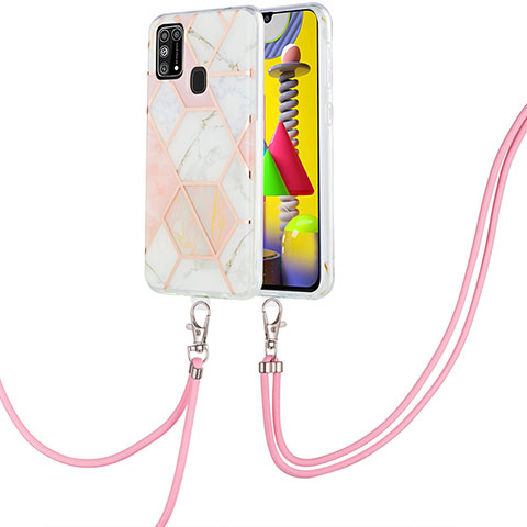 Handyhülle Silikon Hülle Gummi Schutzhülle Flexible Modisch Muster mit Schlüsselband Lanyard Y01B für Samsung Galaxy M31 Prime Edition Rosa