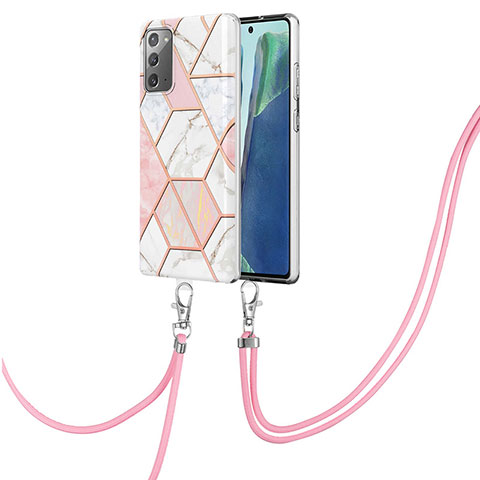 Handyhülle Silikon Hülle Gummi Schutzhülle Flexible Modisch Muster mit Schlüsselband Lanyard Y01B für Samsung Galaxy Note 20 5G Rosa