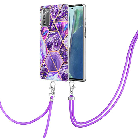 Handyhülle Silikon Hülle Gummi Schutzhülle Flexible Modisch Muster mit Schlüsselband Lanyard Y01B für Samsung Galaxy Note 20 5G Violett