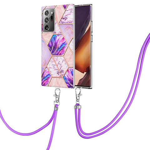 Handyhülle Silikon Hülle Gummi Schutzhülle Flexible Modisch Muster mit Schlüsselband Lanyard Y01B für Samsung Galaxy Note 20 Ultra 5G Helles Lila