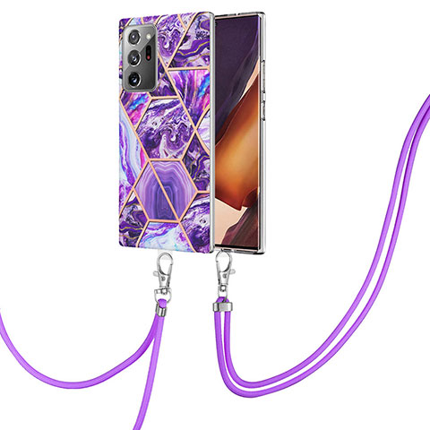 Handyhülle Silikon Hülle Gummi Schutzhülle Flexible Modisch Muster mit Schlüsselband Lanyard Y01B für Samsung Galaxy Note 20 Ultra 5G Violett