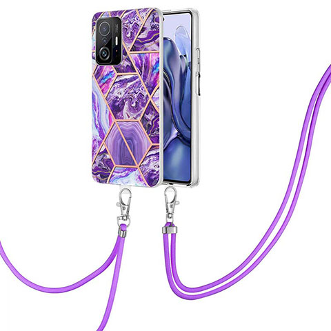 Handyhülle Silikon Hülle Gummi Schutzhülle Flexible Modisch Muster mit Schlüsselband Lanyard Y01B für Xiaomi Mi 11T 5G Violett