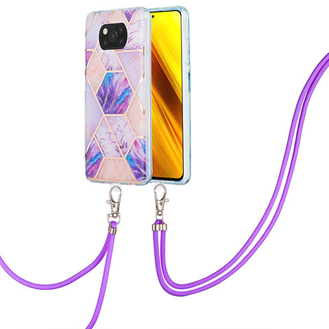 Handyhülle Silikon Hülle Gummi Schutzhülle Flexible Modisch Muster mit Schlüsselband Lanyard Y01B für Xiaomi Poco X3 NFC Helles Lila