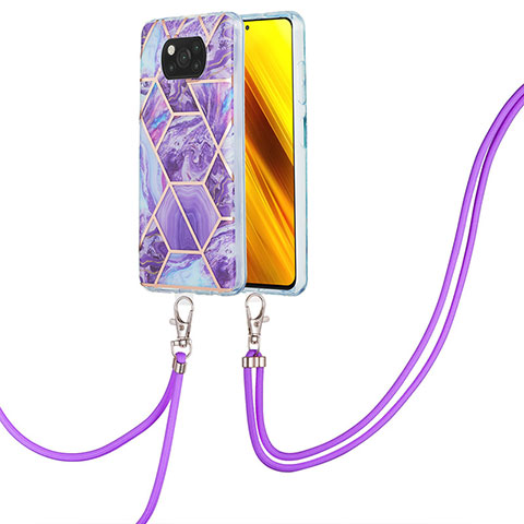 Handyhülle Silikon Hülle Gummi Schutzhülle Flexible Modisch Muster mit Schlüsselband Lanyard Y01B für Xiaomi Poco X3 Pro Violett