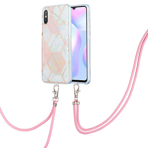 Handyhülle Silikon Hülle Gummi Schutzhülle Flexible Modisch Muster mit Schlüsselband Lanyard Y01B für Xiaomi Redmi 9A Rosa