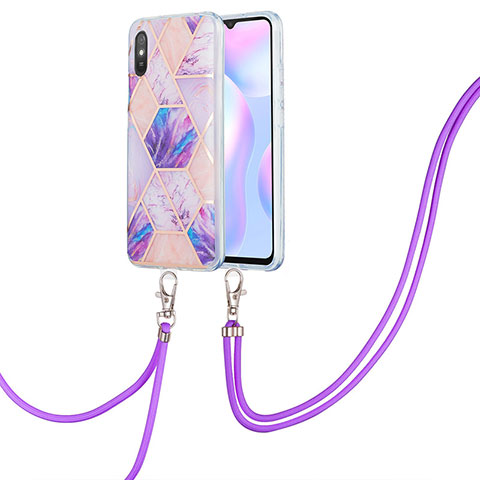 Handyhülle Silikon Hülle Gummi Schutzhülle Flexible Modisch Muster mit Schlüsselband Lanyard Y01B für Xiaomi Redmi 9AT Helles Lila