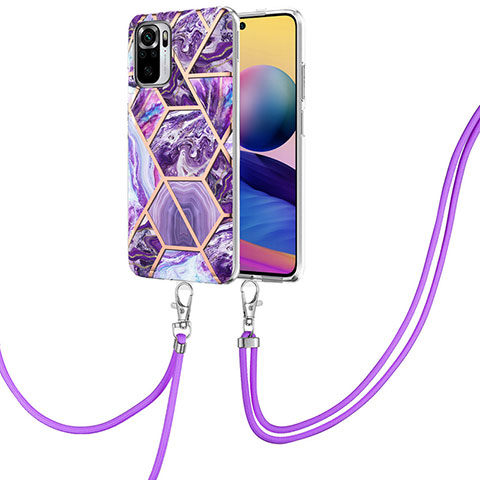 Handyhülle Silikon Hülle Gummi Schutzhülle Flexible Modisch Muster mit Schlüsselband Lanyard Y01B für Xiaomi Redmi Note 10 4G Violett